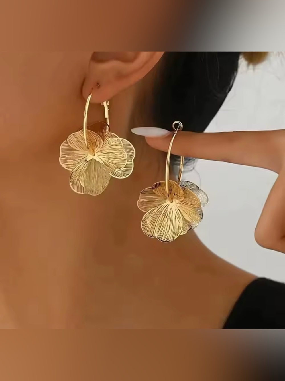 Gold Floral Hoop Light Weight Earrings - Elegant Women Jewelry
